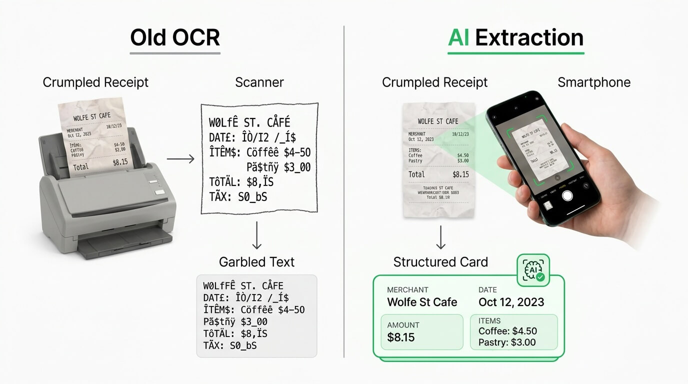 Diagram: Difference between traditional OCR and AI Receipt Scanning
