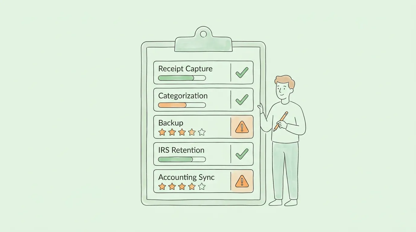 Receipt organization readiness scorecard assessing capture, categorization, backup, IRS retention compliance, and accounting integration.