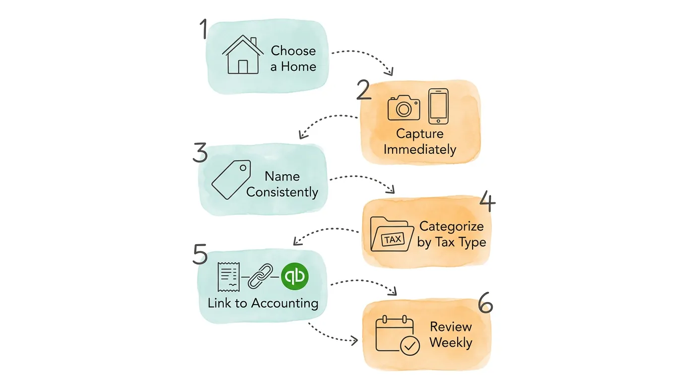 Six-step system for organizing business receipts: Choose a Home, Capture Immediately, Name Consistently, Categorize by Tax Type, Link to Accounting, Review Weekly.