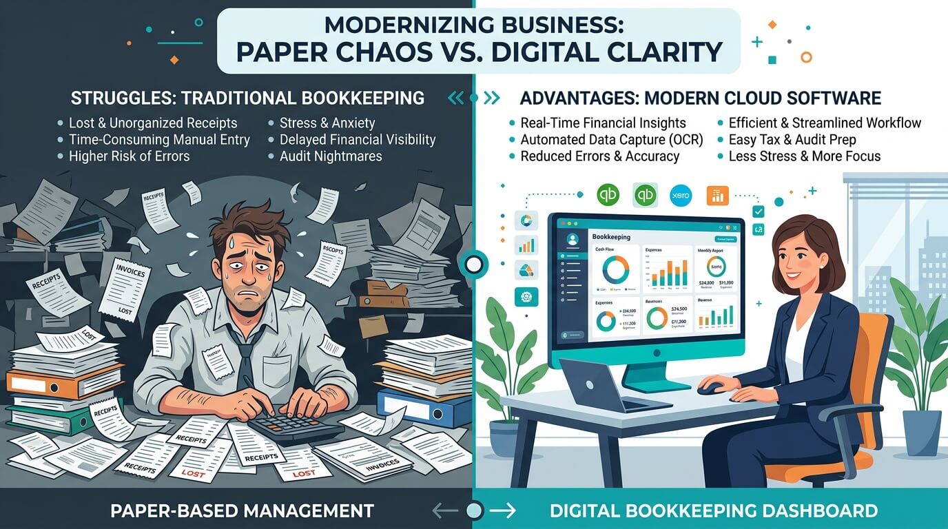 Contrasting manual paper bookkeeping with automated digital dashboards