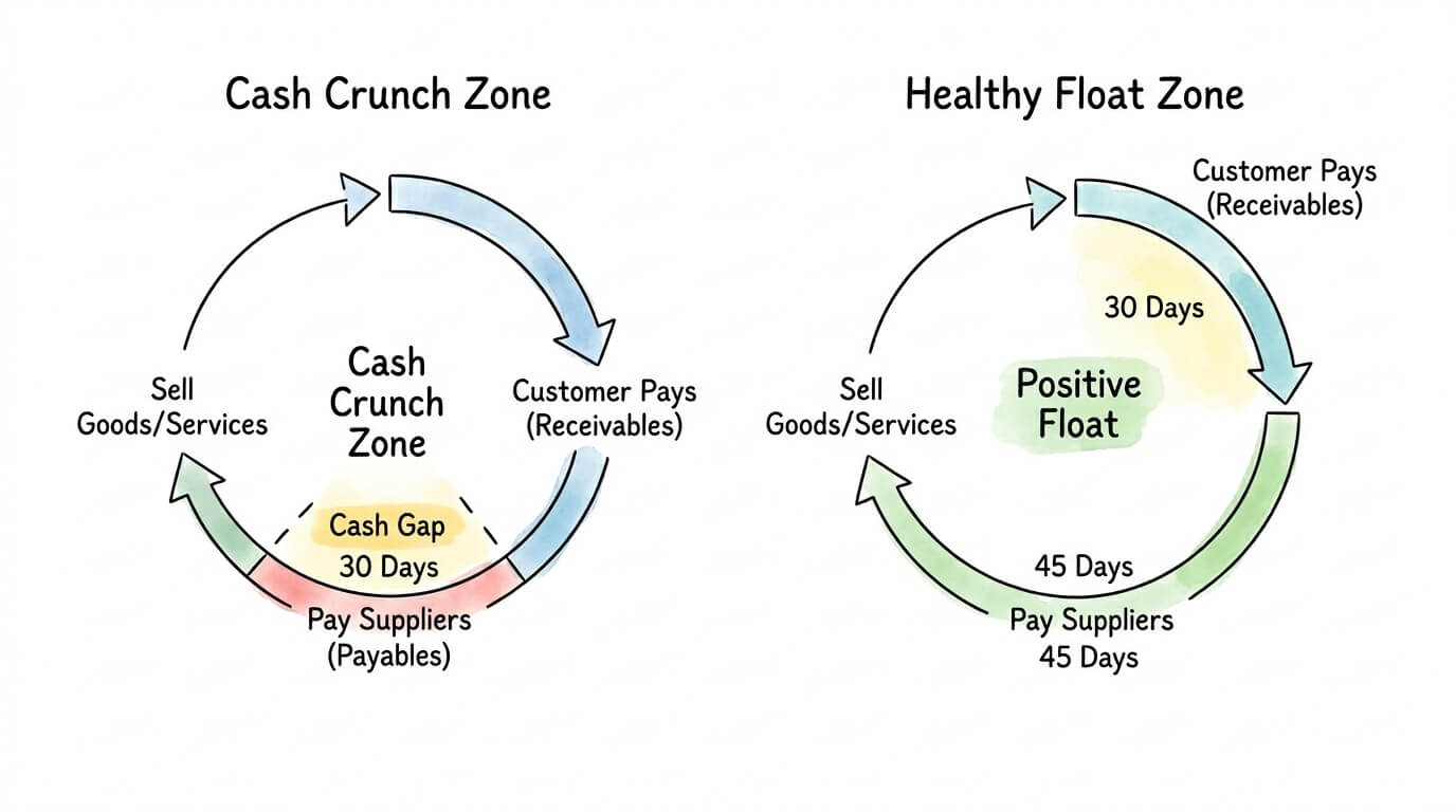 Diagram comparing receivables and payables cycles to illustrate how payment terms affect cash flow.