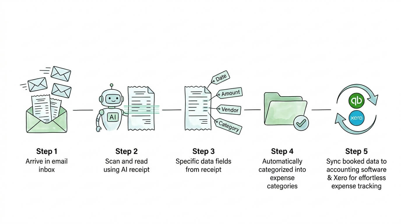 AI receipt automation workflow showing five steps from email capture to accounting software sync for automated expense tracking.