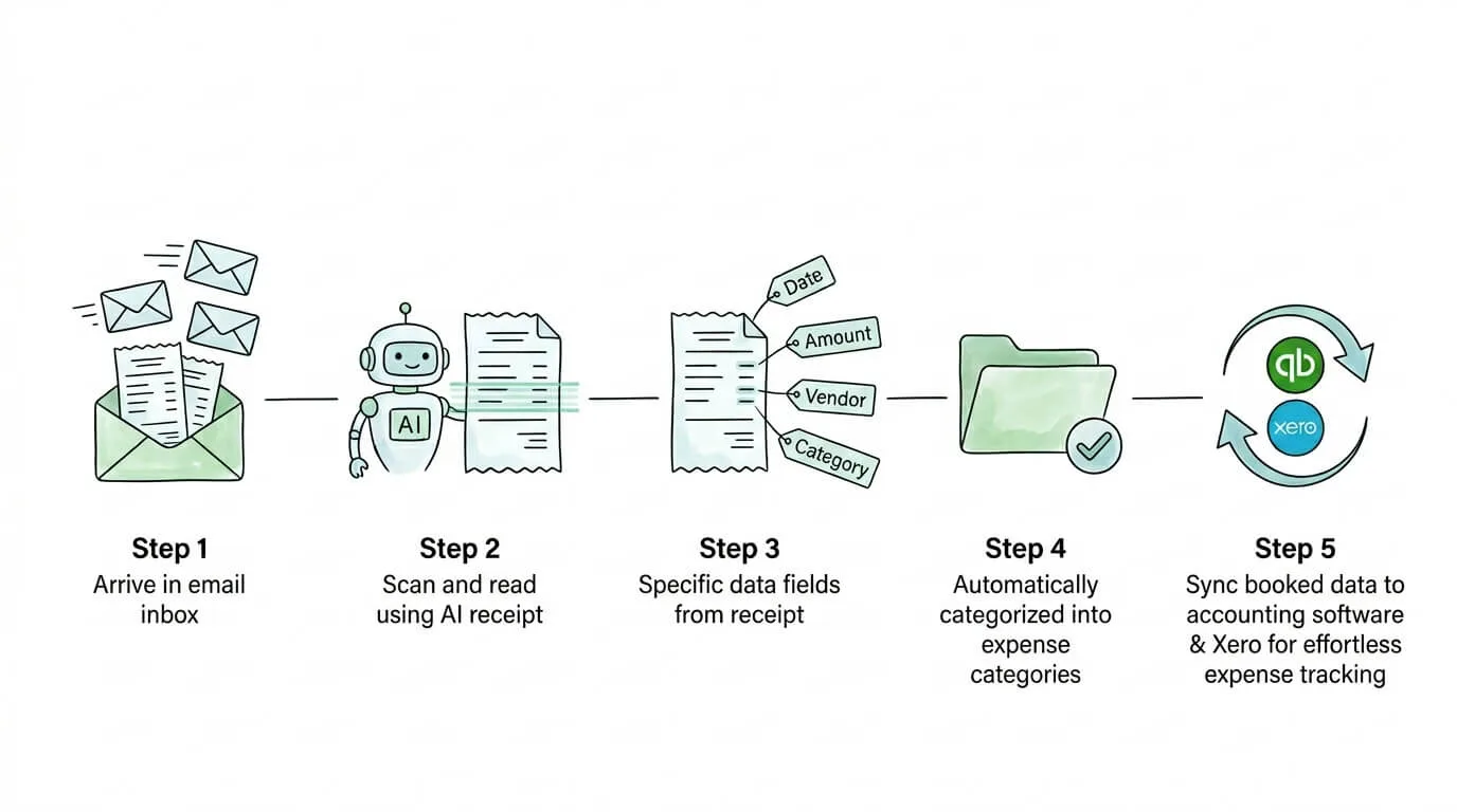 AI receipt automation workflow showing five steps from email capture to accounting software sync for automated expense tracking.