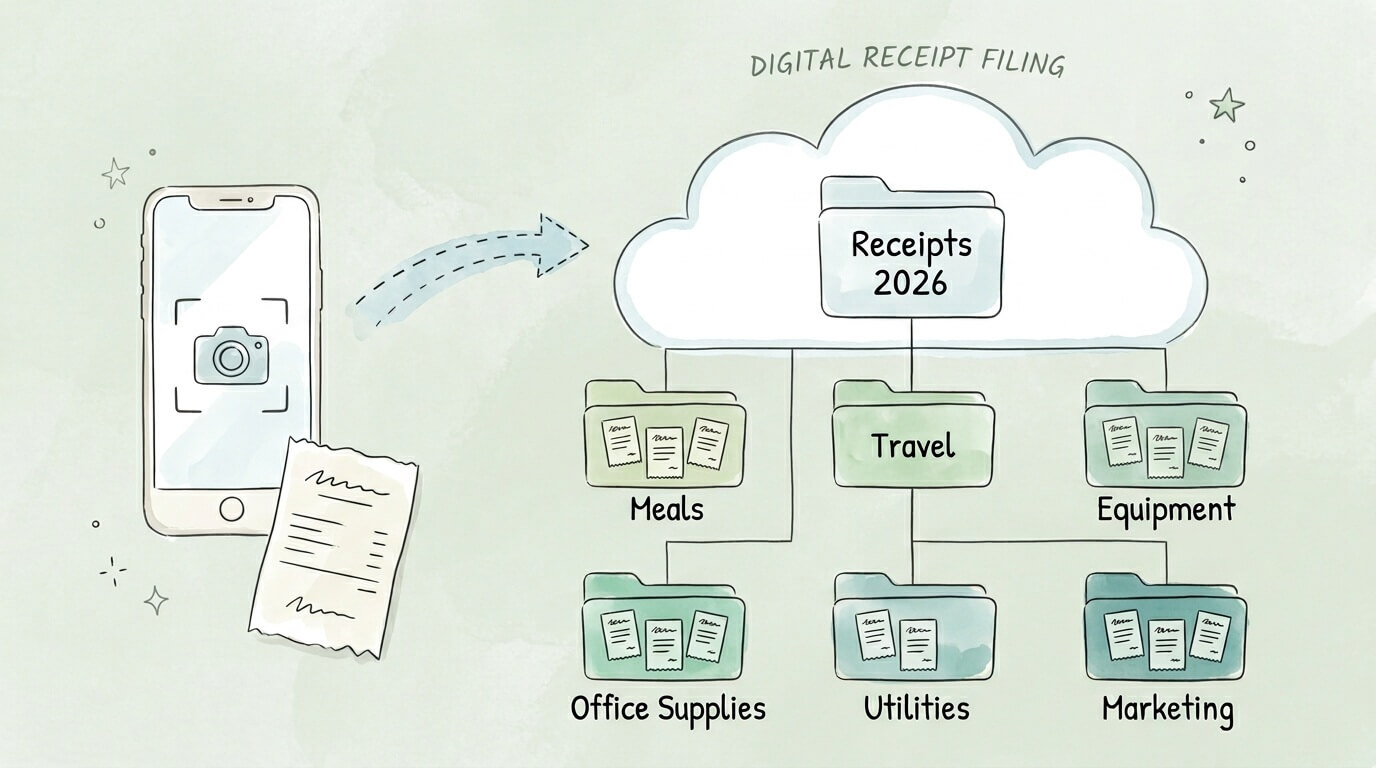 Digital receipt filing system showing cloud folder structure organized by category for small business tax deductions.