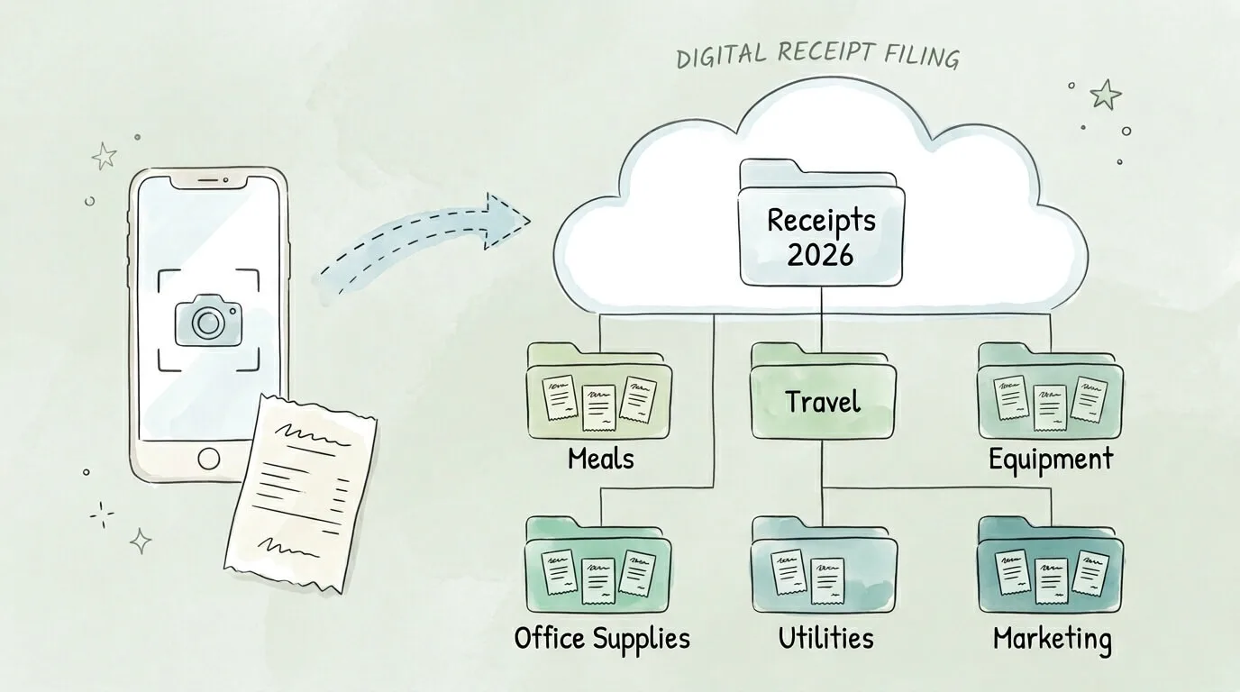 Digital receipt filing system showing cloud folder structure organized by category for small business tax deductions.