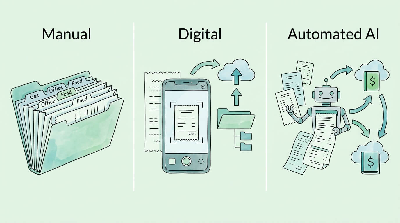 Three receipt organization methods comparison: manual paper system, digital scanning, and AI automated receipt processing.
