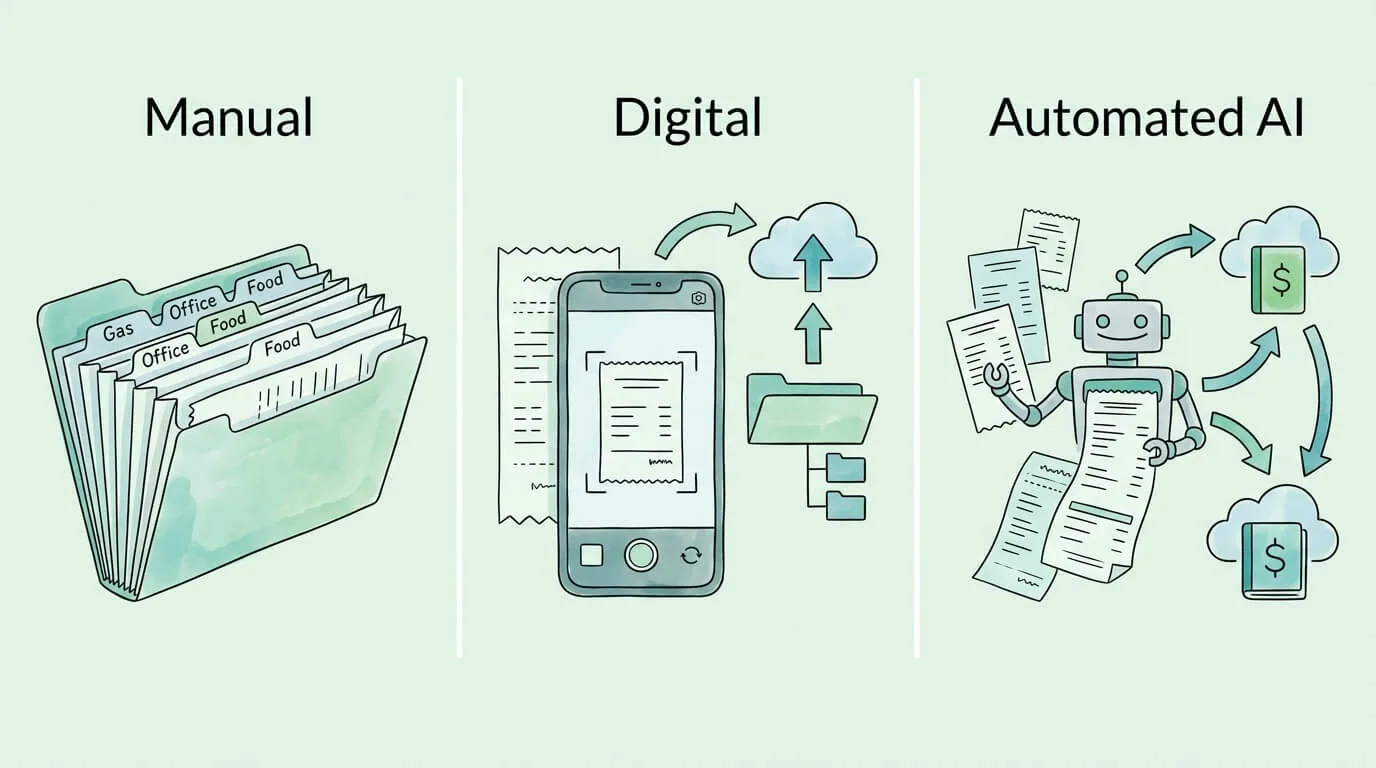 Three receipt organization methods comparison: manual paper system, digital scanning, and AI automated receipt processing.