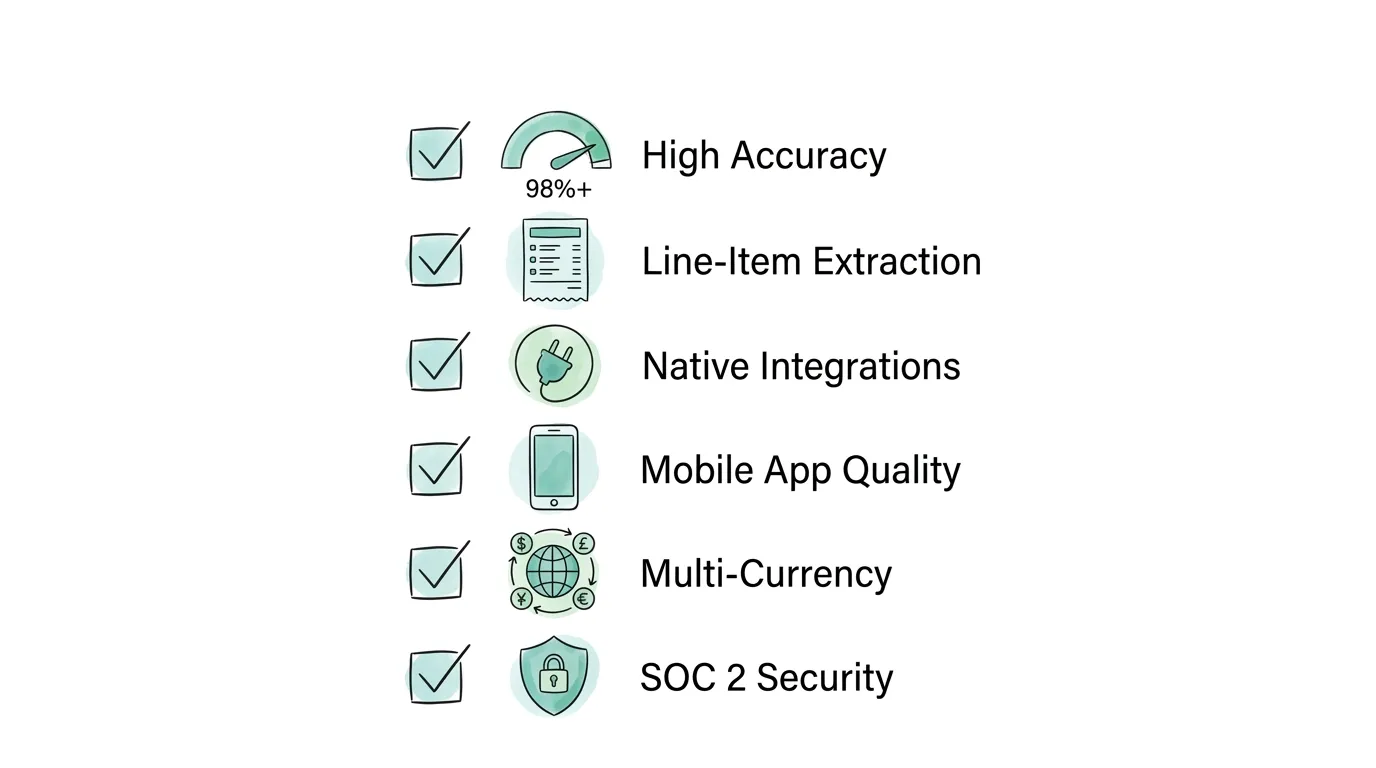 Receipt scanning OCR feature evaluation checklist showing accuracy, line-item extraction, integrations, mobile app quality, and security certification requirements.