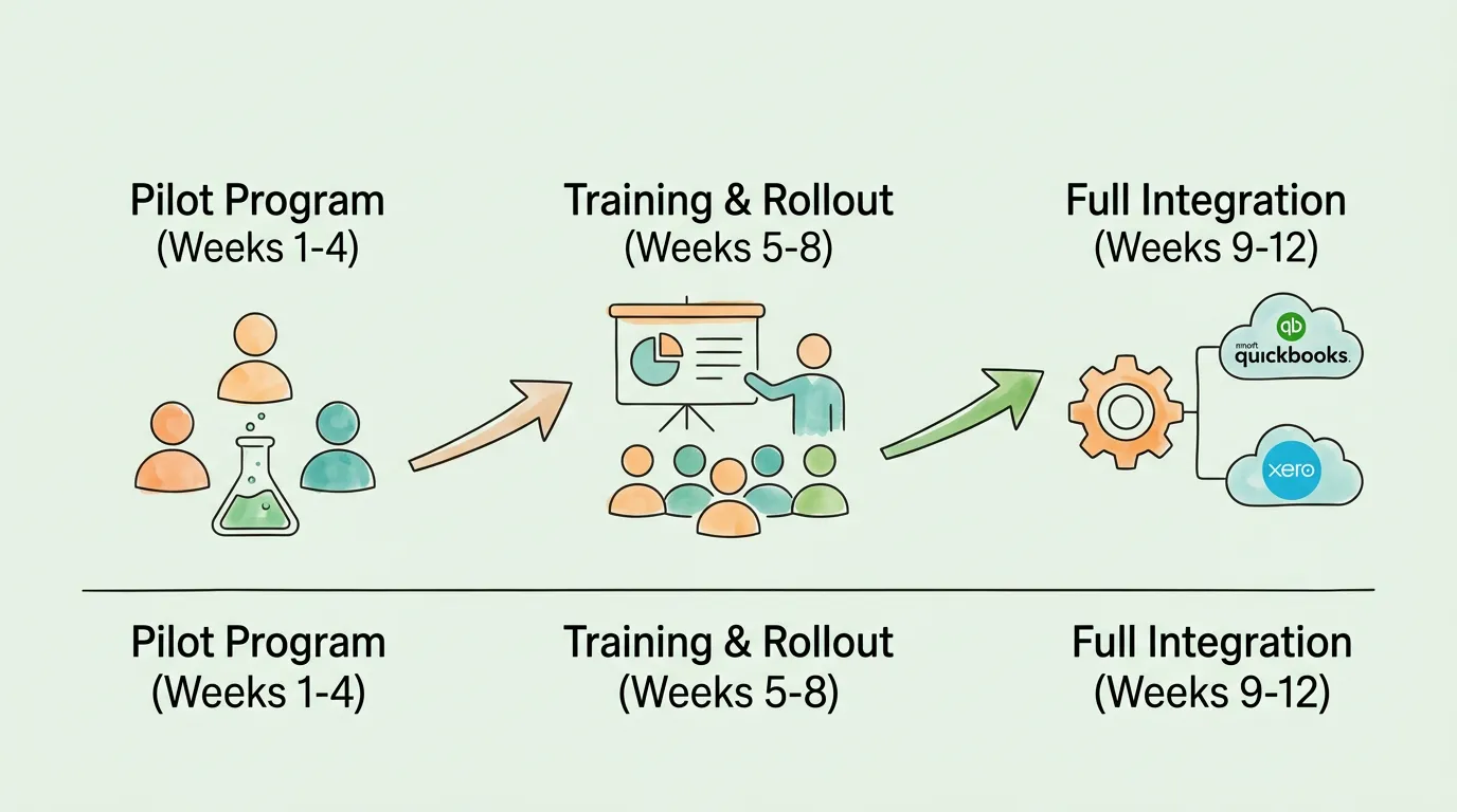 Receipt scanning OCR implementation roadmap showing three phases: pilot program, training and rollout, and full accounting integration with optimization milestones.