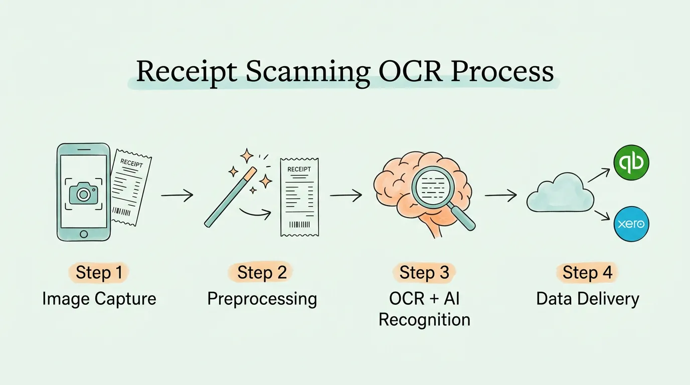 Receipt scanning OCR four-stage workflow showing image capture, preprocessing, character recognition, and structured data delivery to accounting software.