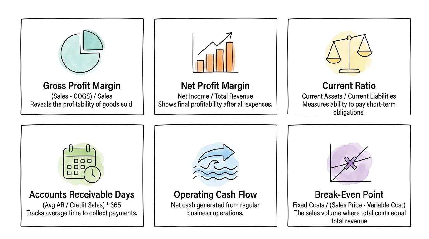 Six key financial metrics for small businesses: Gross Profit Margin, Net Profit Margin, Current Ratio, Accounts Receivable Days, Operating Cash Flow, and Break-Even Point.