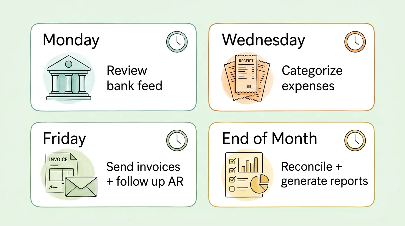 Weekly bookkeeping routine: Monday — review bank feed; Wednesday — categorize expenses; Friday — send invoices and follow up AR; End of Month — reconcile and generate reports.