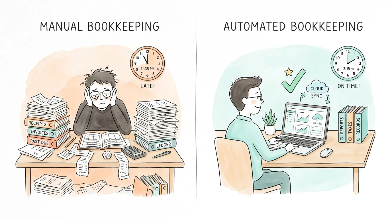 Manual bookkeeping at midnight vs. automated bookkeeping done by 2pm: the difference a proper small business bookkeeping system makes.