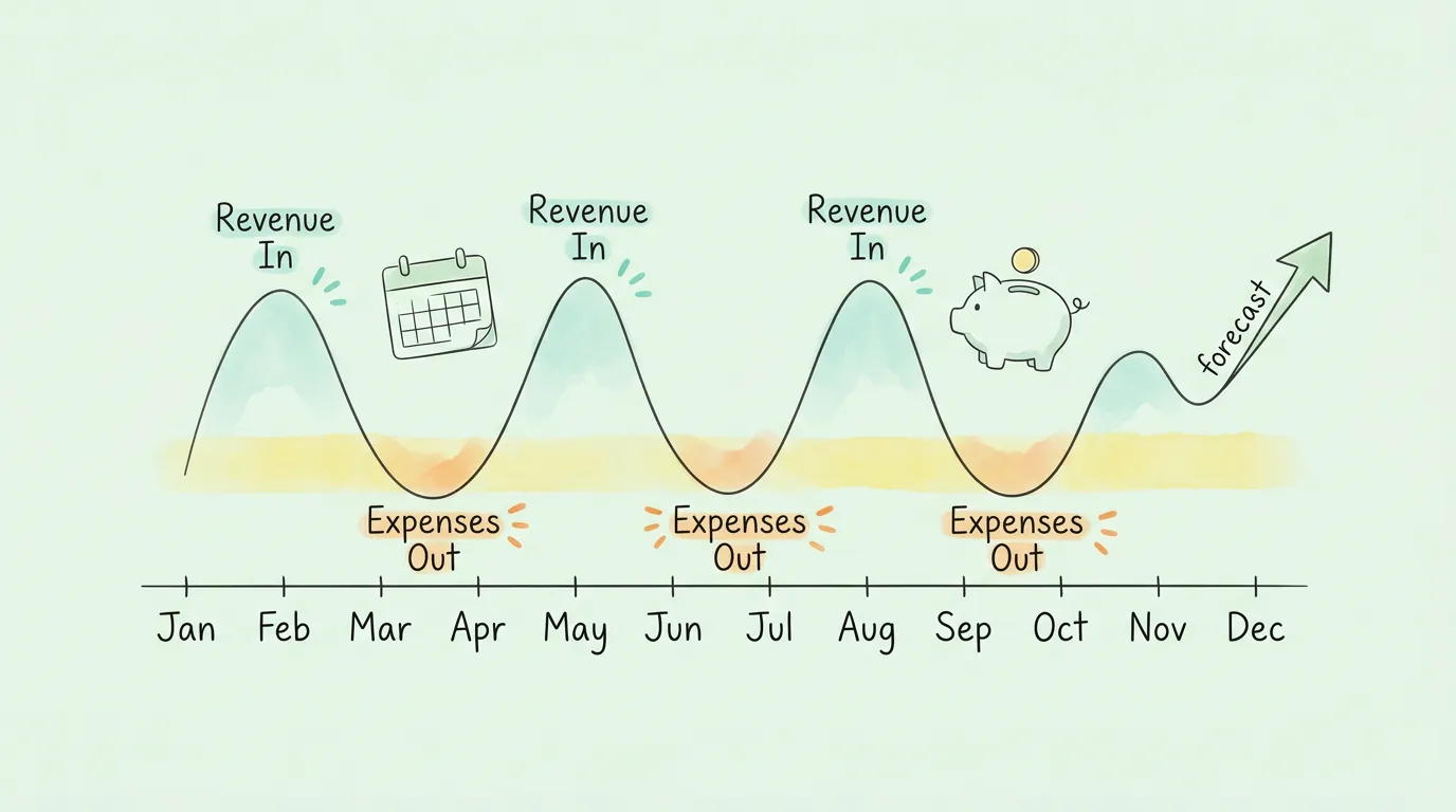 13-week rolling cash flow forecast showing seasonal revenue peaks and expense troughs, helping small businesses anticipate and plan for cash shortfalls.