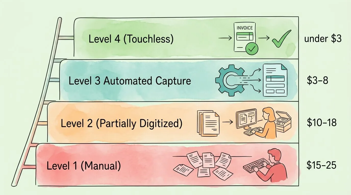 Four levels of invoice processing maturity: Level 1 Manual at $15-25 per invoice, Level 2 Partially Digitized at $10-18, Level 3 Automated Capture at $3-8, Level 4 Touchless under $3.