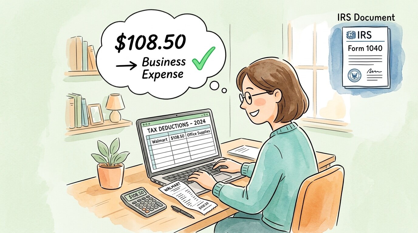 Business owner using a Walmart receipt as a deductible business expense, with IRS document reference and spreadsheet showing $108.50 total cost.