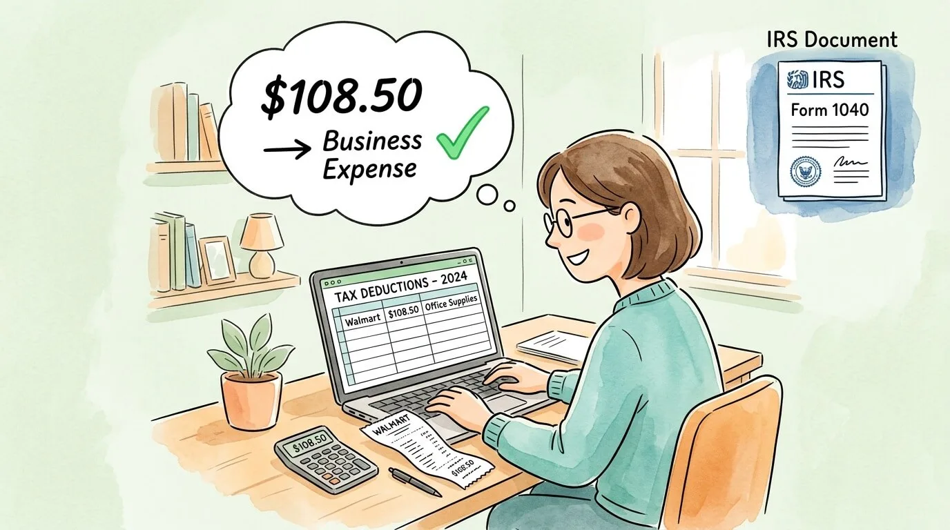 Business owner using a Walmart receipt as a deductible business expense, with IRS document reference and spreadsheet showing $108.50 total cost.