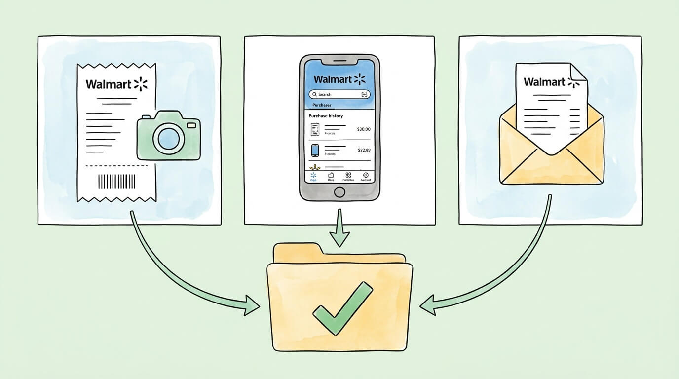 Three ways to retrieve a Walmart receipt: photo capture of paper receipt, Walmart app purchase history, and email receipt, all flowing into an organized archive folder.