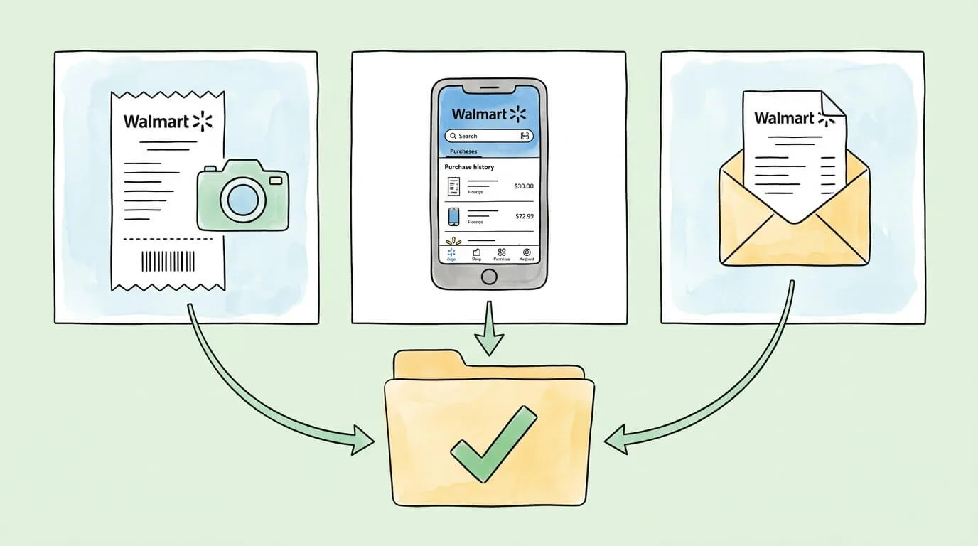 Three ways to retrieve a Walmart receipt: photo capture of paper receipt, Walmart app purchase history, and email receipt, all flowing into an organized archive folder.