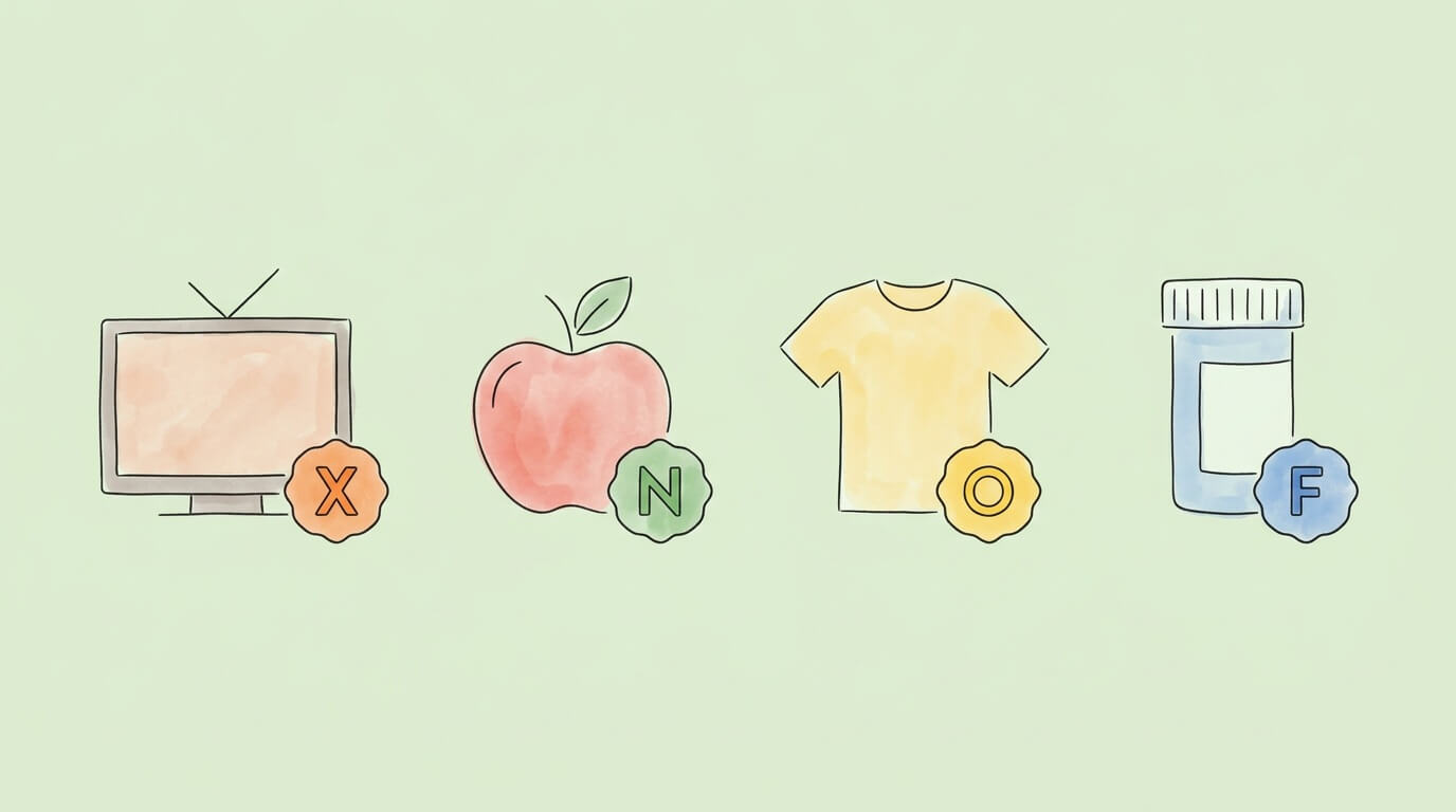 Walmart receipt item tax codes X N O F illustrated with product icons: TV taxable, apple non-taxable, shirt reduced rate, medicine FSA eligible.