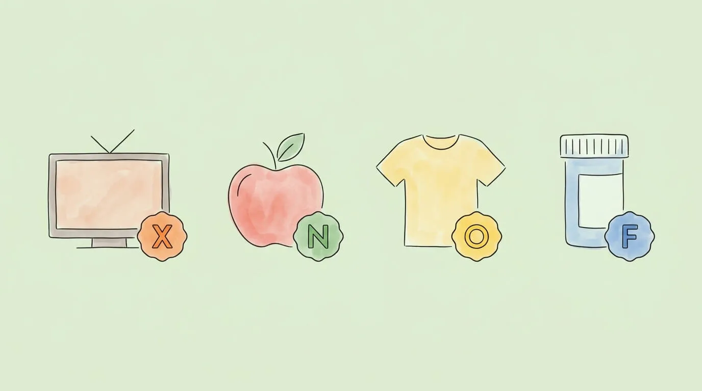 Walmart receipt item tax codes X N O F illustrated with product icons: TV taxable, apple non-taxable, shirt reduced rate, medicine FSA eligible.