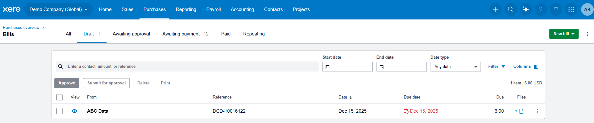 TallyScan Reviewing Draft Bills in Xero Dashboard