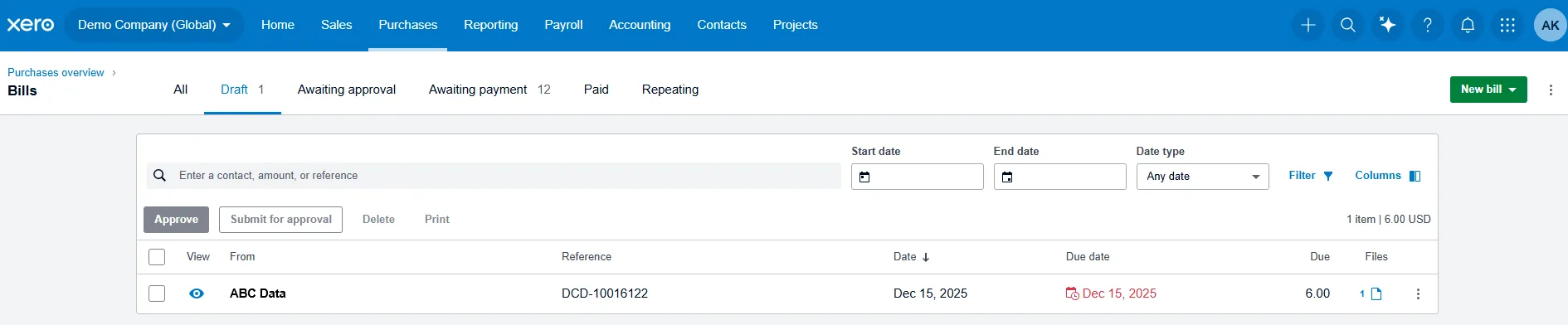 TallyScan Reviewing Draft Bills in Xero Dashboard